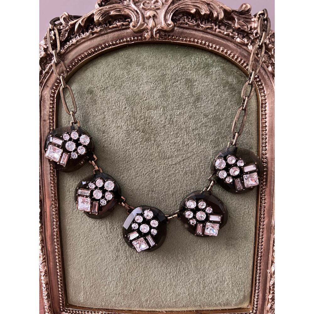 Vintage Statement Necklace Rhinestone Bib Smoky Glass Art Deco Style